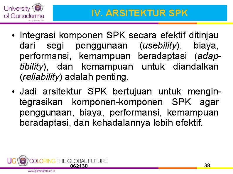 IV. ARSITEKTUR SPK • Integrasi komponen SPK secara efektif ditinjau dari segi penggunaan (usebility),