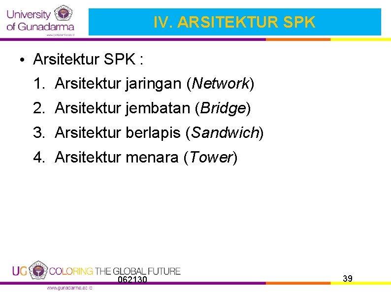 IV. ARSITEKTUR SPK • Arsitektur SPK : 1. Arsitektur jaringan (Network) 2. Arsitektur jembatan