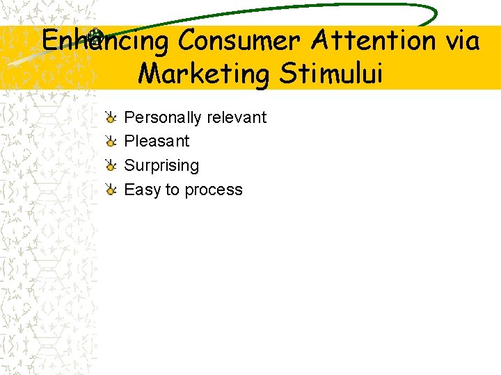Enhancing Consumer Attention via Marketing Stimului Personally relevant Pleasant Surprising Easy to process 