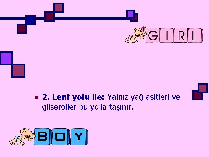 n 2. Lenf yolu ile: Yalnız yağ asitleri ve gliseroller bu yolla taşınır. 