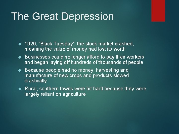 The Great Depression 1929, “Black Tuesday”, the stock market crashed, meaning the value of