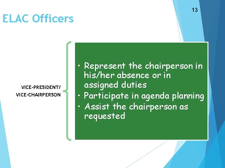ELAC Officers VICE-PRESIDENT/ VICE-CHAIRPERSON 13 • Represent the chairperson in his/her absence or in