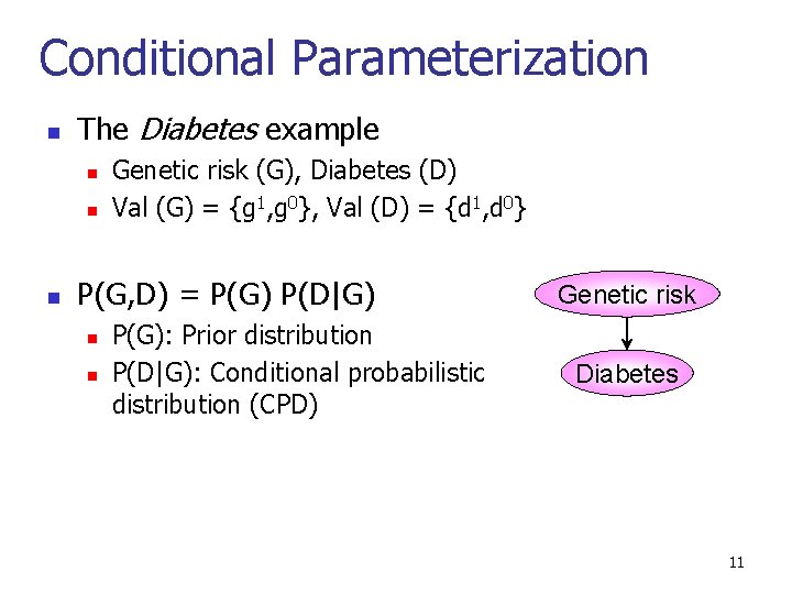Conditional Parameterization n The Diabetes example n n n Genetic risk (G), Diabetes (D)