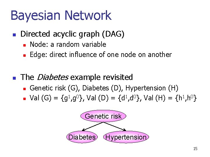 Bayesian Network n Directed acyclic graph (DAG) n n n Node: a random variable