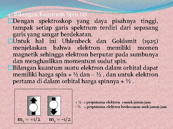 4. Bilangan Kuantum Spin (s) �Dengan spektroskop yang daya pisahnya tinggi, tampak setiap garis