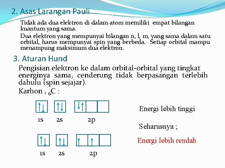 2. Asas Larangan Pauli Tidak ada dua elektron di dalam atom memiliki empat bilangan