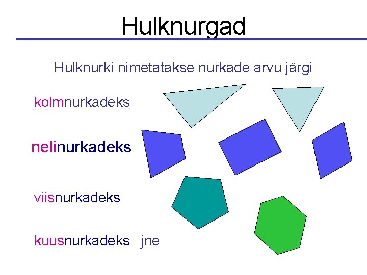 Hulknurgad Hulknurki nimetatakse nurkade arvu järgi kolmnurkadeks nelinurkadeks viisnurkadeks kuusnurkadeks jne 