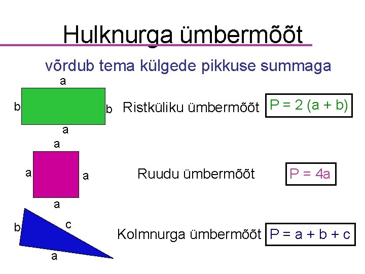 Hulknurga ümbermõõt võrdub tema külgede pikkuse summaga a b Ristküliku ümbermõõt P = 2