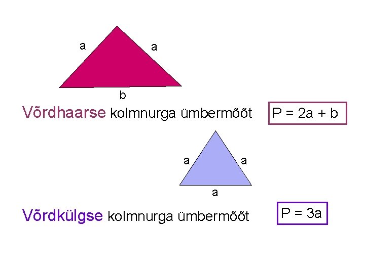a a b Võrdhaarse kolmnurga ümbermõõt a P = 2 a + b a