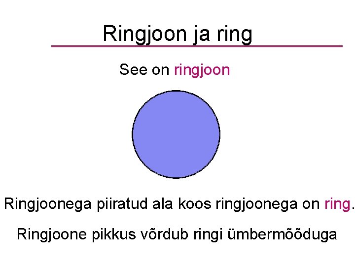 Ringjoon ja ring See on ringjoon Ringjoonega piiratud ala koos ringjoonega on ring. Ringjoone