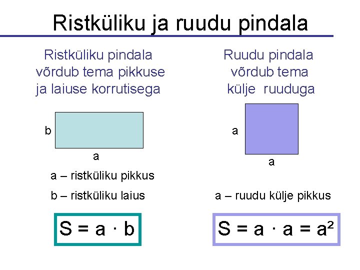 Ristküliku ja ruudu pindala Ristküliku pindala võrdub tema pikkuse ja laiuse korrutisega b Ruudu