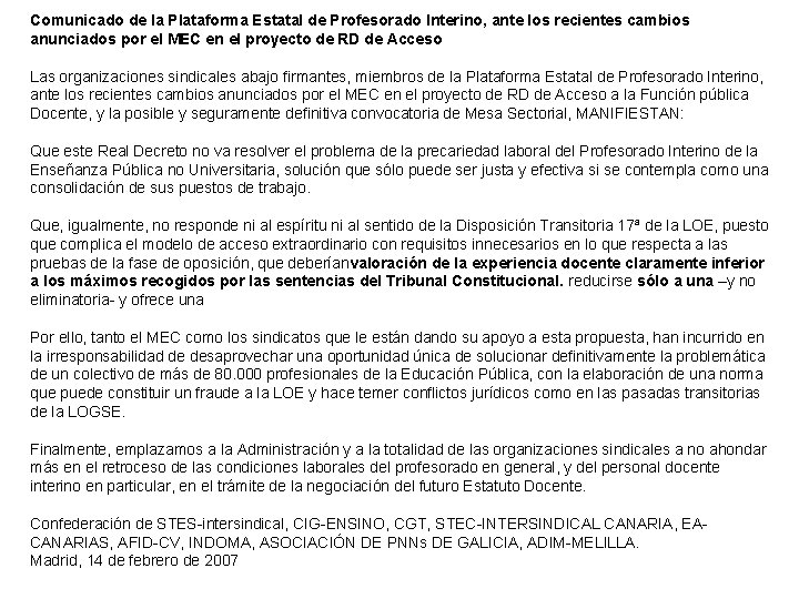 Comunicado de la Plataforma Estatal de Profesorado Interino, ante los recientes cambios anunciados por