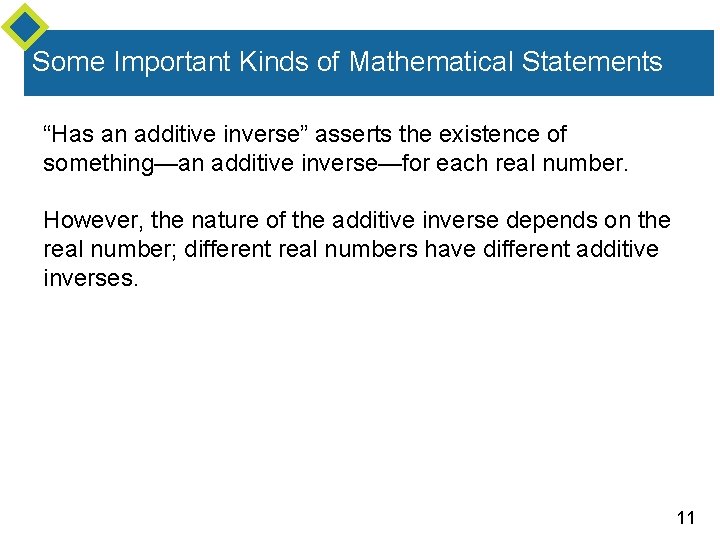 Some Important Kinds of Mathematical Statements “Has an additive inverse” asserts the existence of Some Important Kinds of Mathematical Statements “Has an additive inverse” asserts the existence of