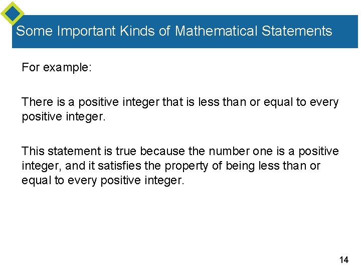 Some Important Kinds of Mathematical Statements For example: There is a positive integer that Some Important Kinds of Mathematical Statements For example: There is a positive integer that