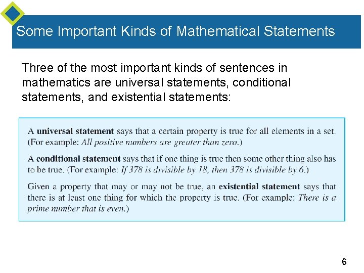 Some Important Kinds of Mathematical Statements Three of the most important kinds of sentences Some Important Kinds of Mathematical Statements Three of the most important kinds of sentences