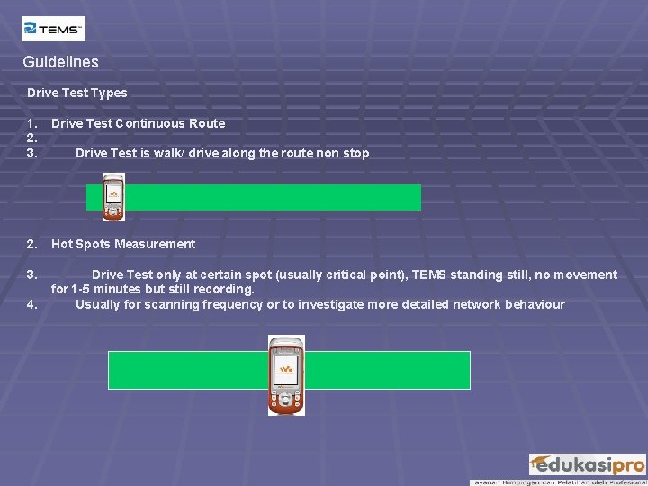 Guidelines Drive Test Types 1. 2. 3. Drive Test Continuous Route 2. Hot Spots