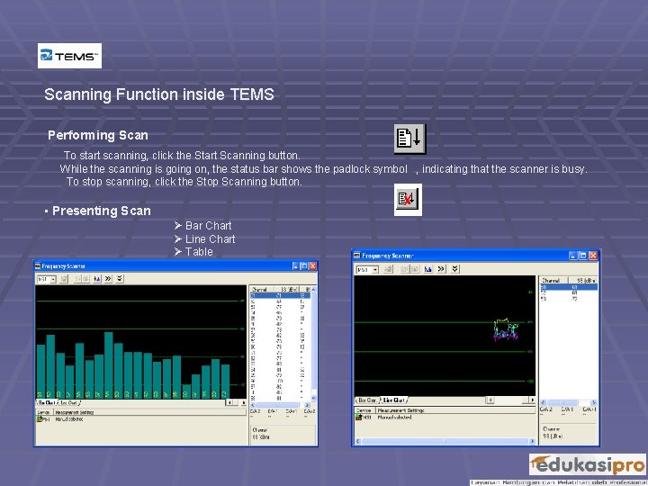Scanning Function inside TEMS Performing Scan To start scanning, click the Start Scanning button.