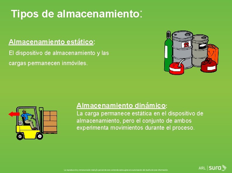 Tipos de almacenamiento: Almacenamiento estático: El dispositivo de almacenamiento y las cargas permanecen inmóviles.