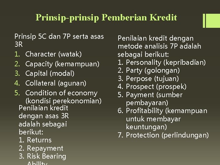 Prinsip-prinsip Pemberian Kredit Prinsip 5 C dan 7 P serta asas 3 R 1.