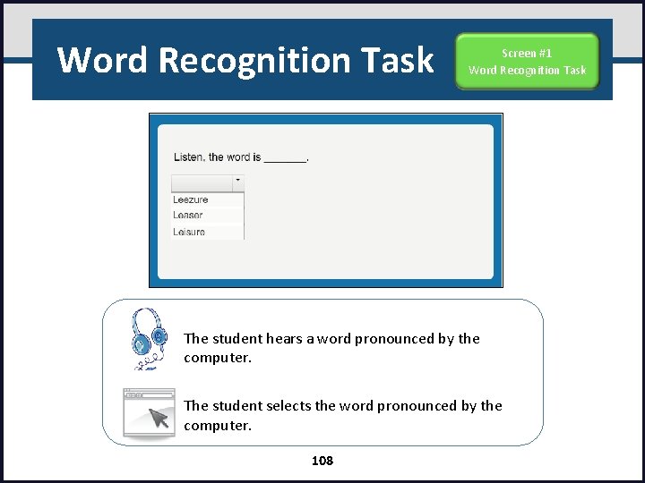 Word Recognition Task Screen #1 Word Recognition Task The student hears a word pronounced