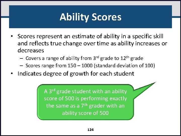 Ability Scores • Scores represent an estimate of ability in a specific skill and