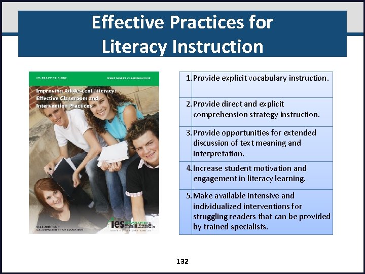 Effective Practices for Literacy Instruction 1. Provide explicit vocabulary instruction. 2. Provide direct and