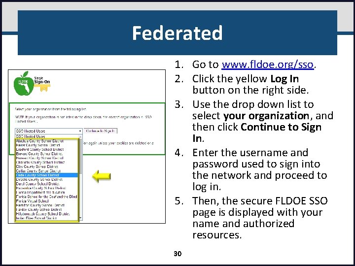 Federated 1. Go to www. fldoe. org/sso. 2. Click the yellow Log In button