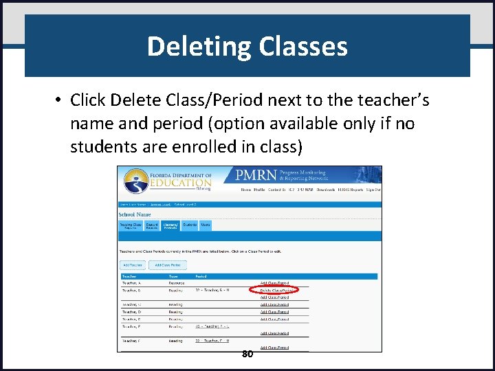 Deleting Classes • Click Delete Class/Period next to the teacher’s name and period (option