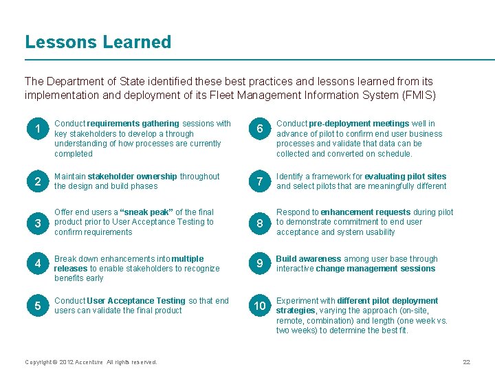 Lessons Learned The Department of State identified these best practices and lessons learned from