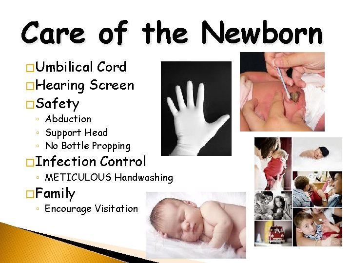 Care of the Newborn � Umbilical Cord � Hearing Screen � Safety ◦ Abduction
