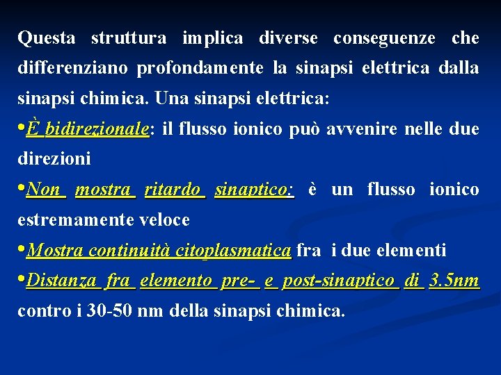 Questa struttura implica diverse conseguenze che differenziano profondamente la sinapsi elettrica dalla sinapsi chimica.