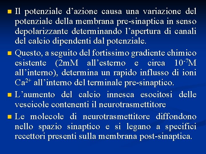 Il potenziale d’azione causa una variazione del potenziale della membrana pre-sinaptica in senso depolarizzante