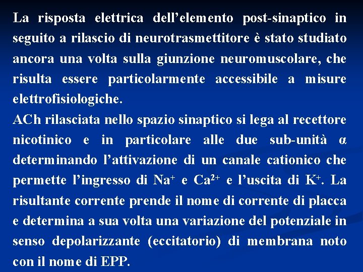 La risposta elettrica dell’elemento post-sinaptico in seguito a rilascio di neurotrasmettitore è stato studiato