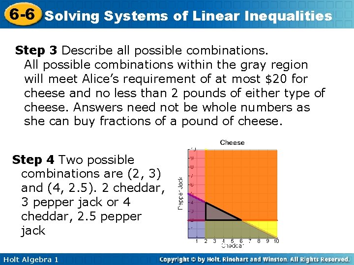 6 -6 Solving Systems of Linear Inequalities Step 3 Describe all possible combinations. All
