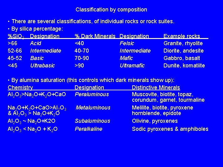 Classification by composition • There are several classifications, of individual rocks or rock suites. Classification by composition • There are several classifications, of individual rocks or rock suites.