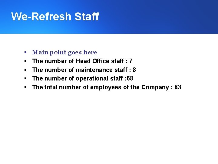 We-Refresh Staff § § § Main point goes here The number of Head Office