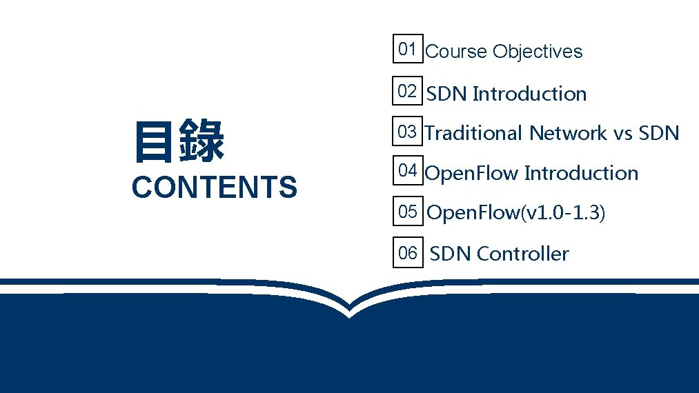 01 Course Objectives 02 SDN Introduction 目錄 CONTENTS 03 Traditional Network vs SDN 04
