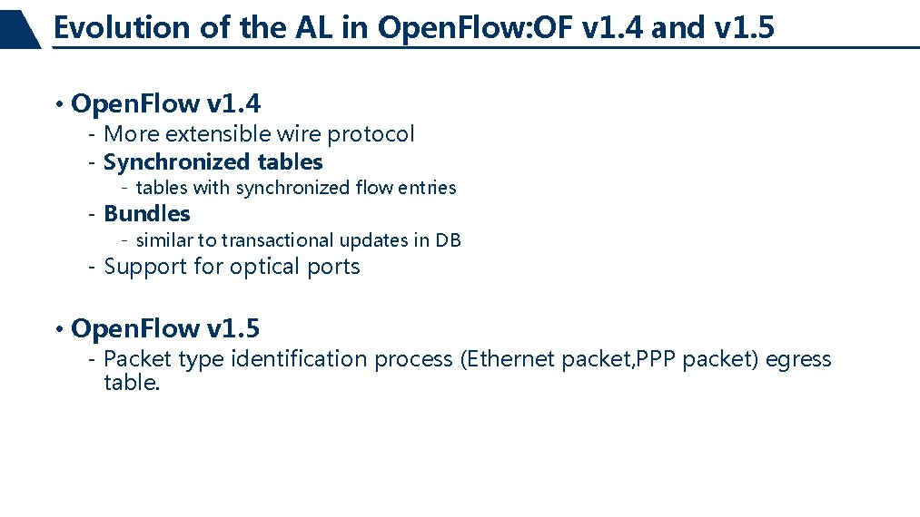 Evolution of the AL in Open. Flow: OF v 1. 4 and v 1.