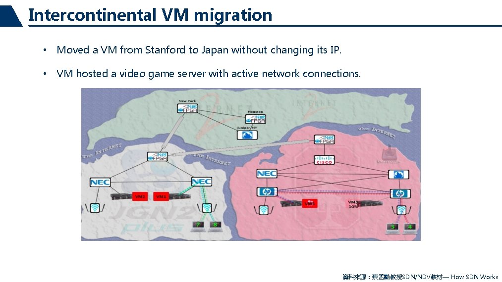 Intercontinental VM migration • Moved a VM from Stanford to Japan without changing its