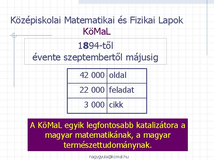 Középiskolai Matematikai és Fizikai Lapok KöMa. L 1894 -től évente szeptembertől májusig 42 000