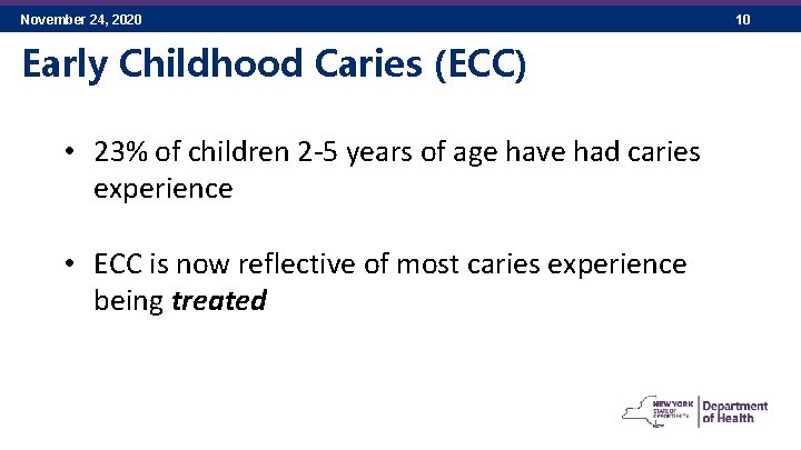 November 24, 2020 Early Childhood Caries (ECC) • 23% of children 2 -5 years