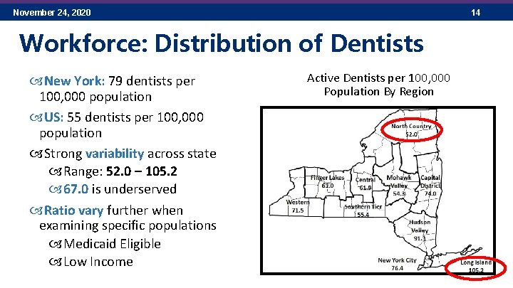 November 24, 2020 14 Workforce: Distribution of Dentists New York: 79 dentists per 100,