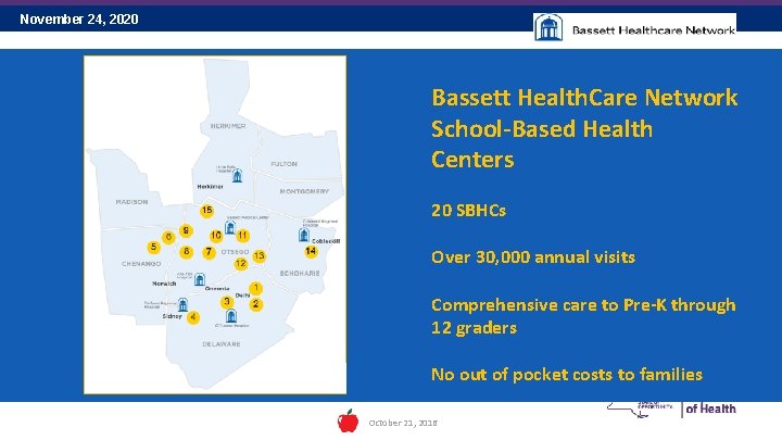 November 24, 2020 35 Bassett Health. Care Network School-Based Health Centers 20 SBHCs Over