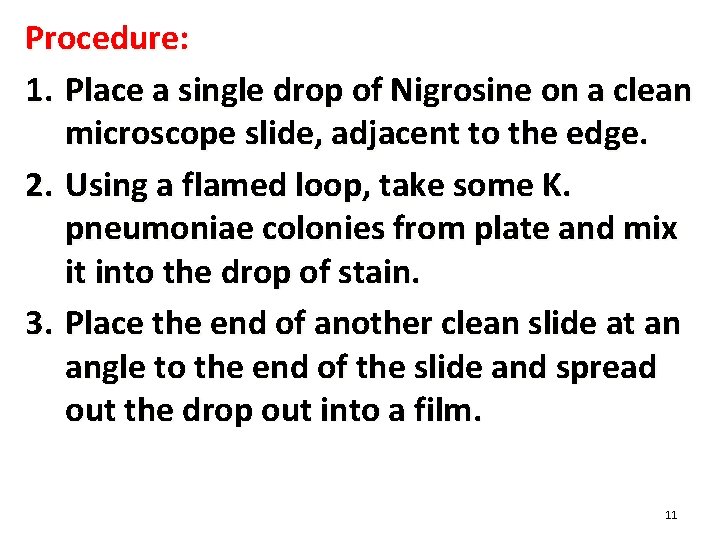 Procedure: 1. Place a single drop of Nigrosine on a clean microscope slide, adjacent