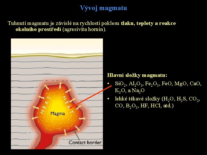 Vývoj magmatu Tuhnutí magmatu je závislé na rychlosti poklesu tlaku, teploty a reakce okolního