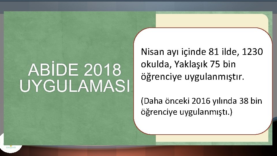 Nisan ayı içinde 81 ilde, 1230 okulda, Yaklaşık 75 bin öğrenciye uygulanmıştır. (Daha önceki