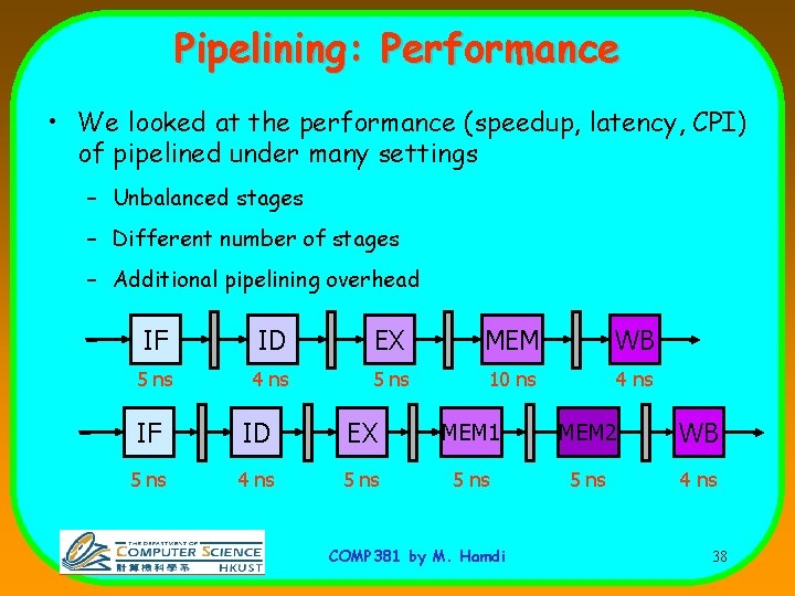Pipelining: Performance • We looked at the performance (speedup, latency, CPI) of pipelined under