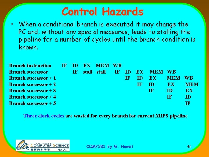 Control Hazards • When a conditional branch is executed it may change the PC