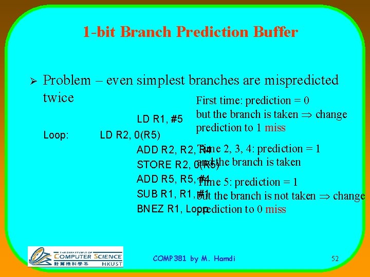 1 -bit Branch Prediction Buffer Ø Problem – even simplest branches are mispredicted twice