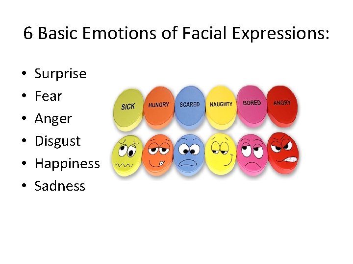 6 Basic Emotions of Facial Expressions: • • • Surprise Fear Anger Disgust Happiness